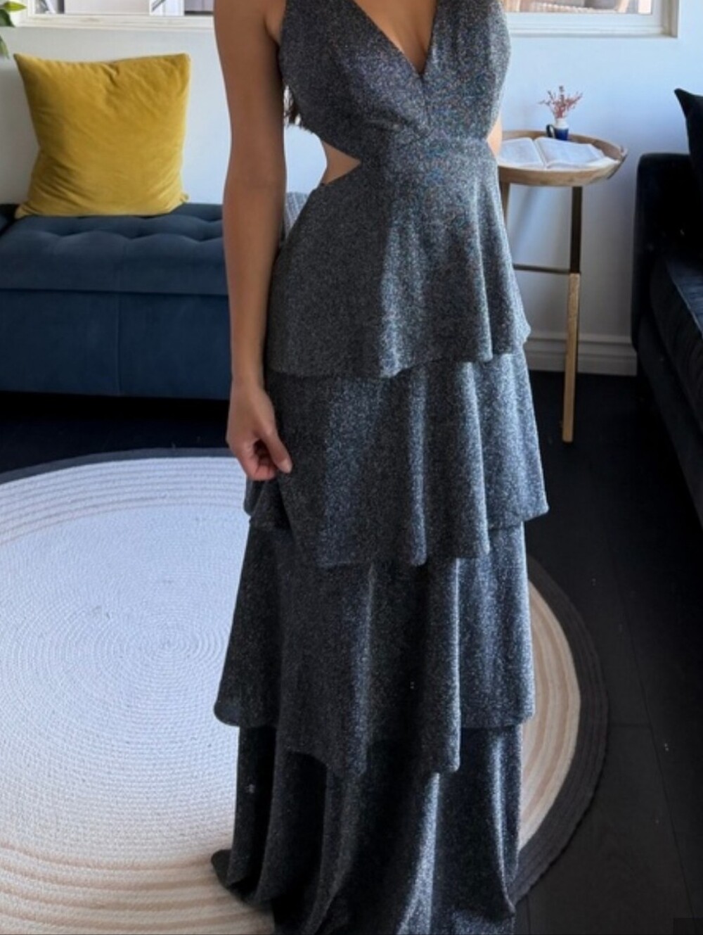Betsy & Adam Silver-Blue Sparkle Tiered Maxi Dress